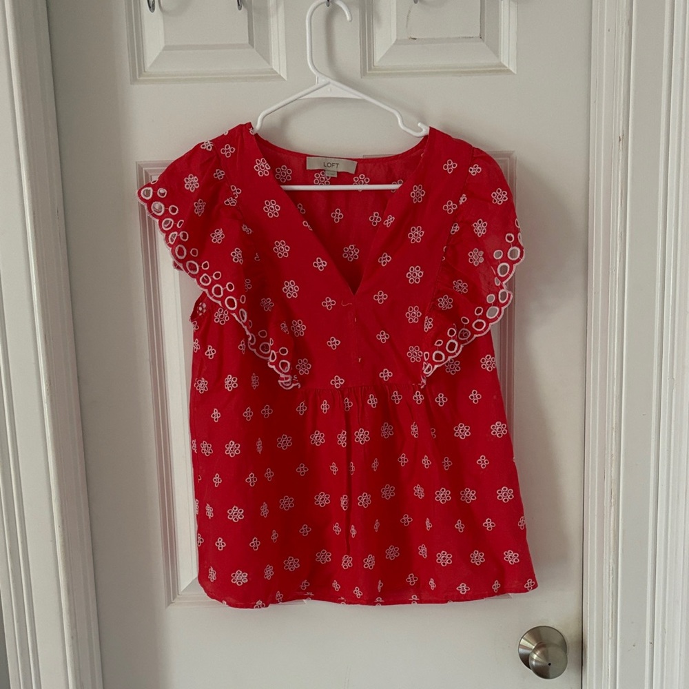 LOFT Red Floral Eyelet Top